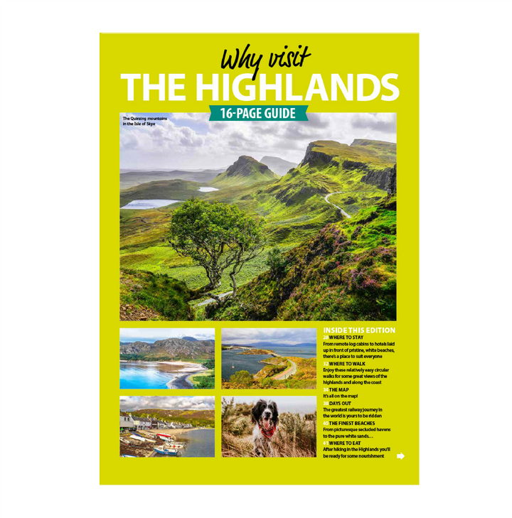 Cover of a guidebook titled 'Why visit The Highlands' with scenic images on a yellow background.