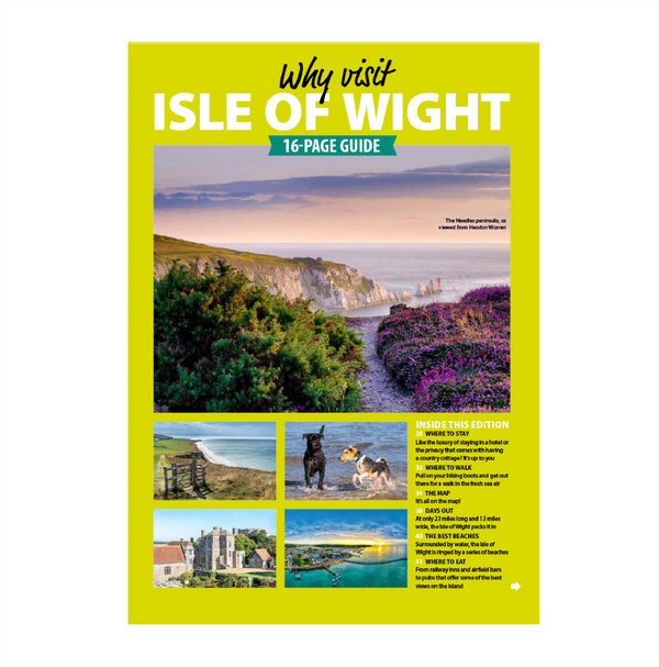 Cover of 'Why visit Isle of Wight' guidebook with scenic images and text.