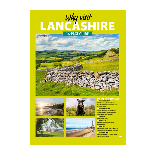 16-page guidebook cover about visiting Lancashire with scenic images and text.