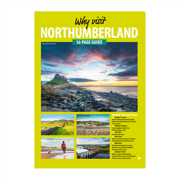 16-page guide cover for Northumberland with scenic images and text.