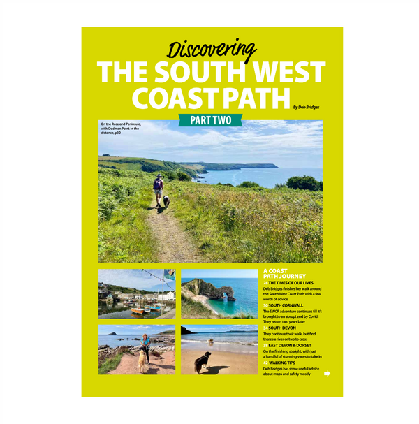 Book cover of 'Discovering the South West Coast Path Part Two' with a yellow background and scenic images.