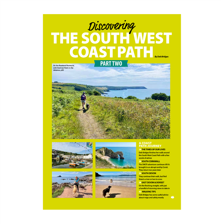 Book cover of 'Discovering the South West Coast Path Part Two' with a yellow background and scenic images.