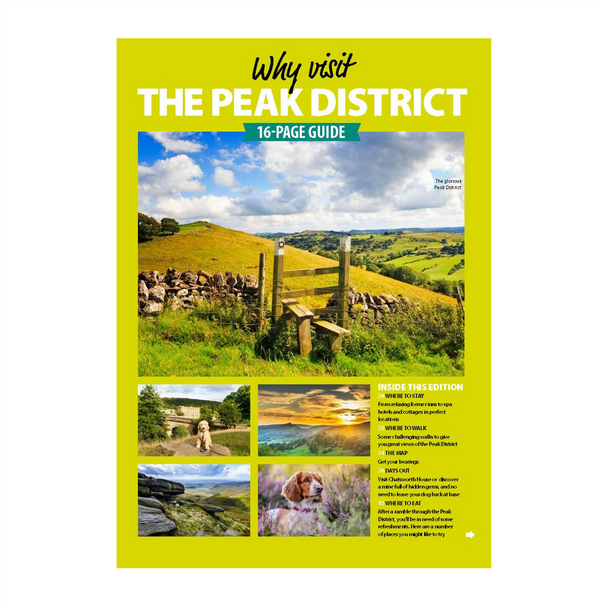 16-page guide on visiting The Peak District with scenic images of the area.